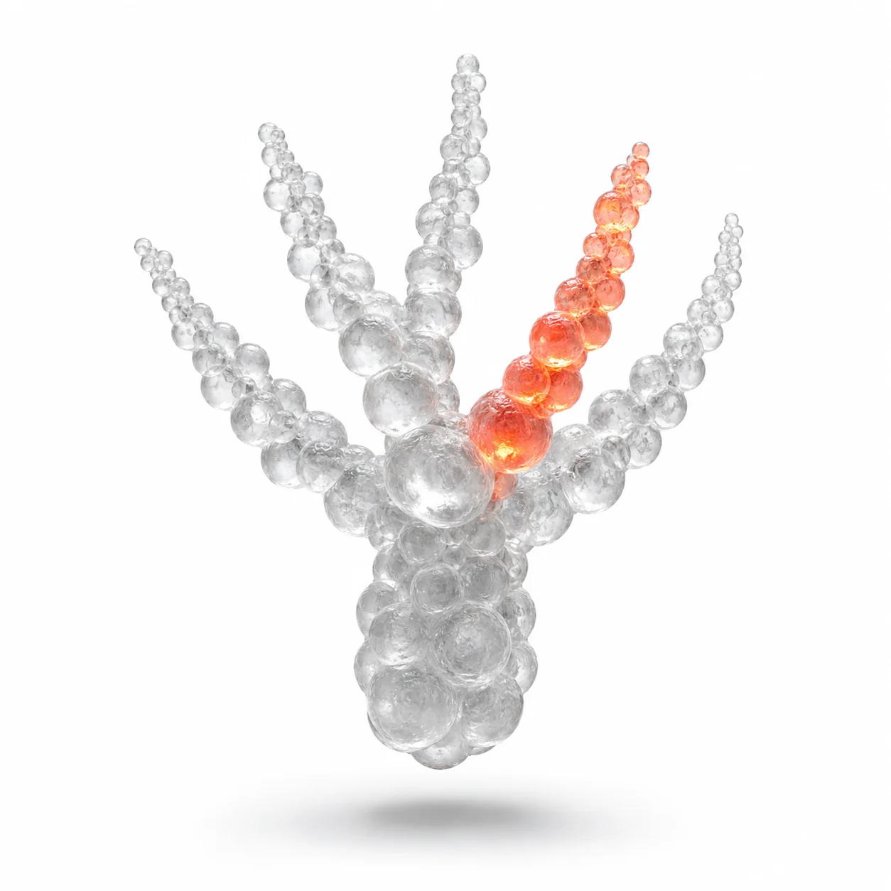 A tumour drawn as a branching tree of translucent cells, one branch lit — the drug-resistant subclone.