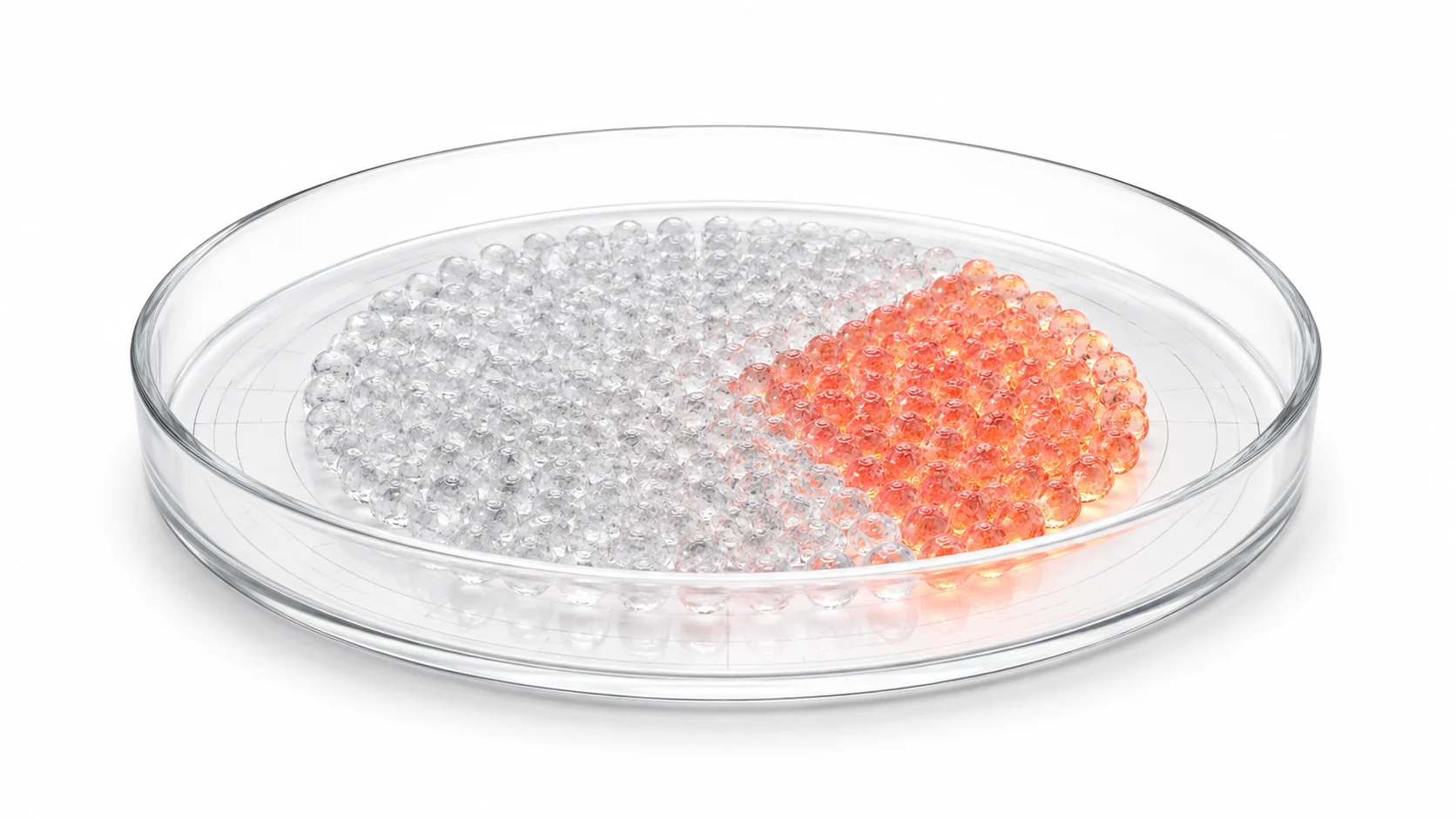 A glass culture well holding a colony of translucent cells; one wedge of the colony glows amber-red — the resistant subclone taking over.